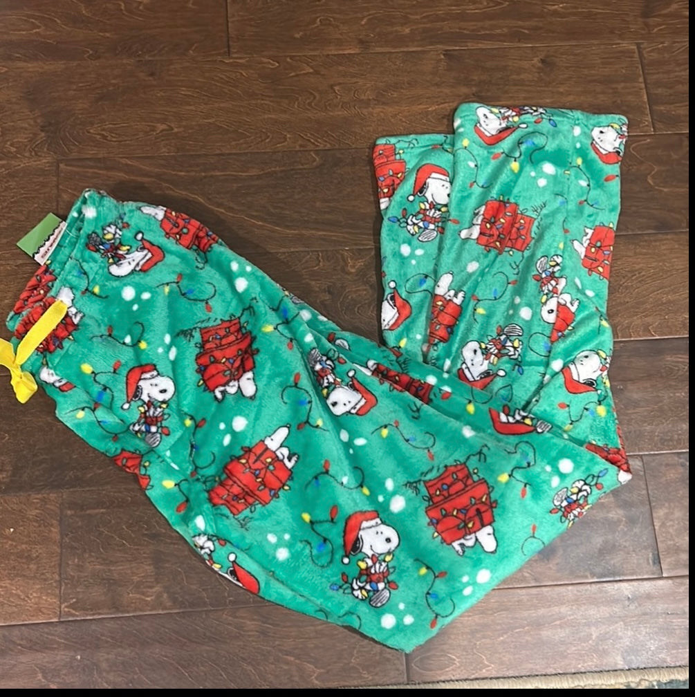 Snoopy Men’s Pajama Pants Christmas Lights New Green