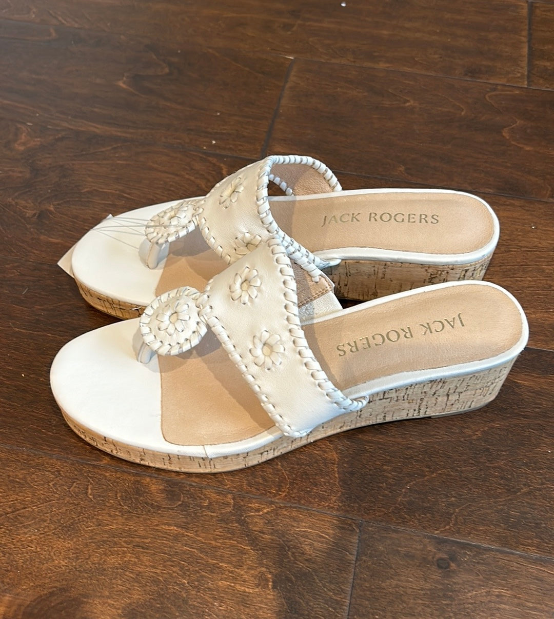 Jack Rogers Women’s Cork Wedge Sandals White with decorative whipstitch New