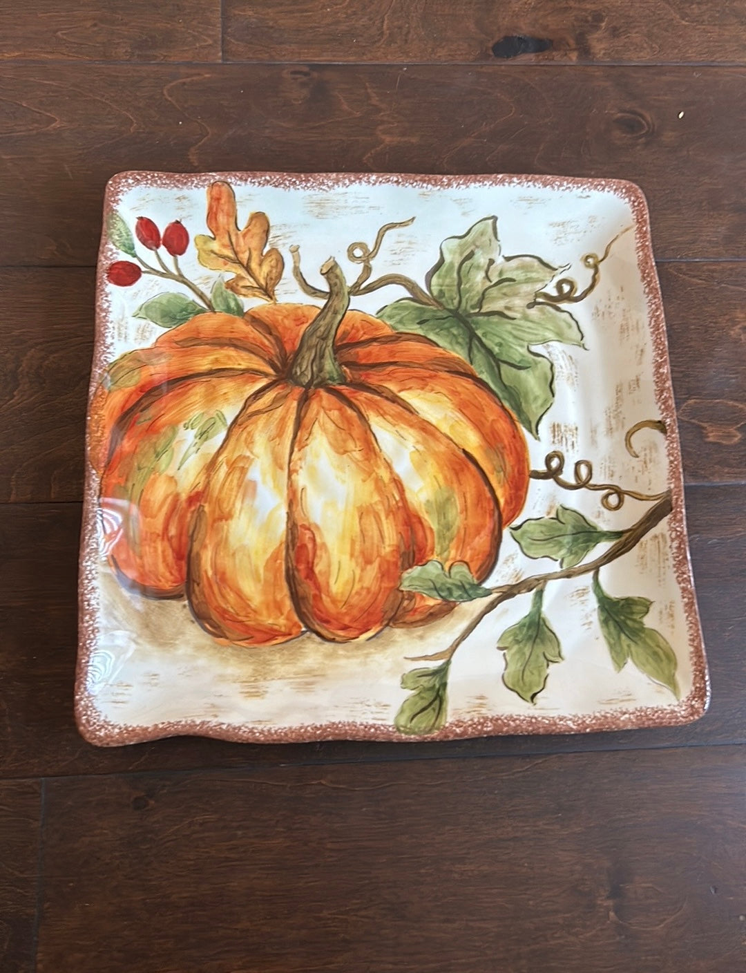 Set Of 6 Pumpkin Fall Leaves Dinner  Plates Ceramic Square 10 3/4”