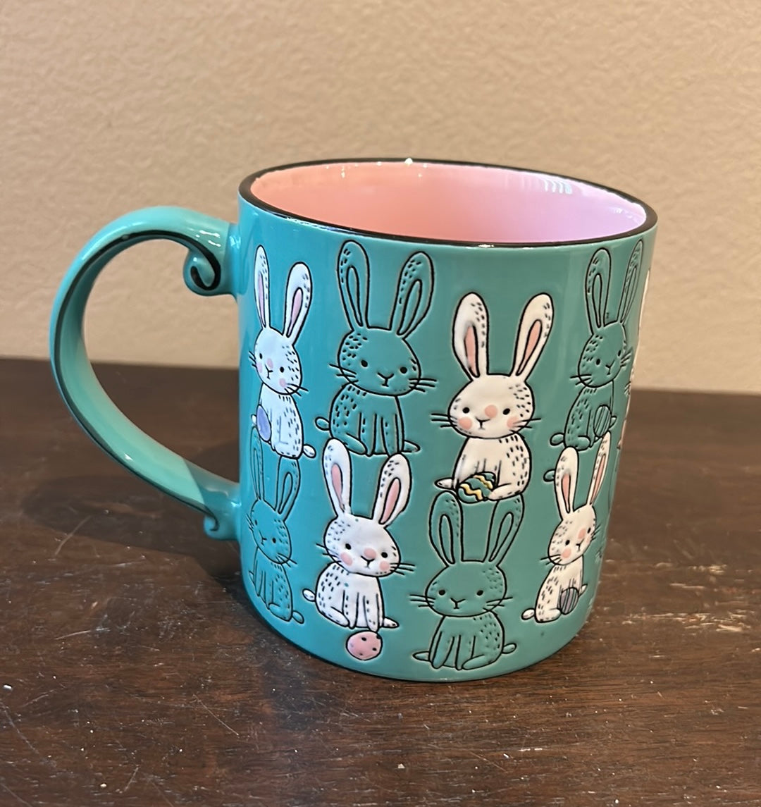 Eli & Ana Set of 2 Coffee Mugs Easter  Bunny Teal Pink  Ceramic New