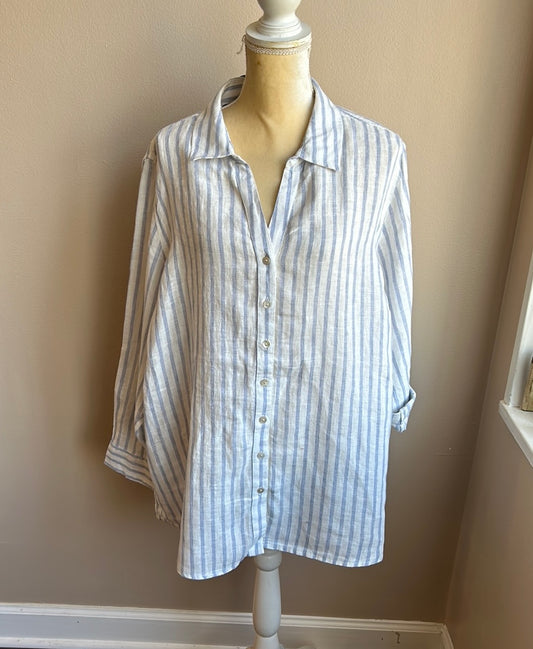 Jones New York Women Plus sz Linen Blouse Top Rolled Cuff Sleeve Nwt Blue Stripe