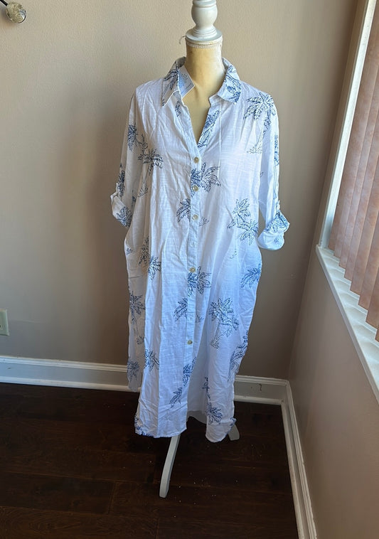 Blue Island Womens Coverup Embroidered White Blue Tunic Style sz L  Palm Trees