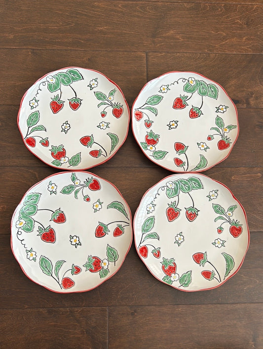 Spectrum Designz 4 Salad Plates Strawberry Print New Ceramic Scalloped Floral 8”