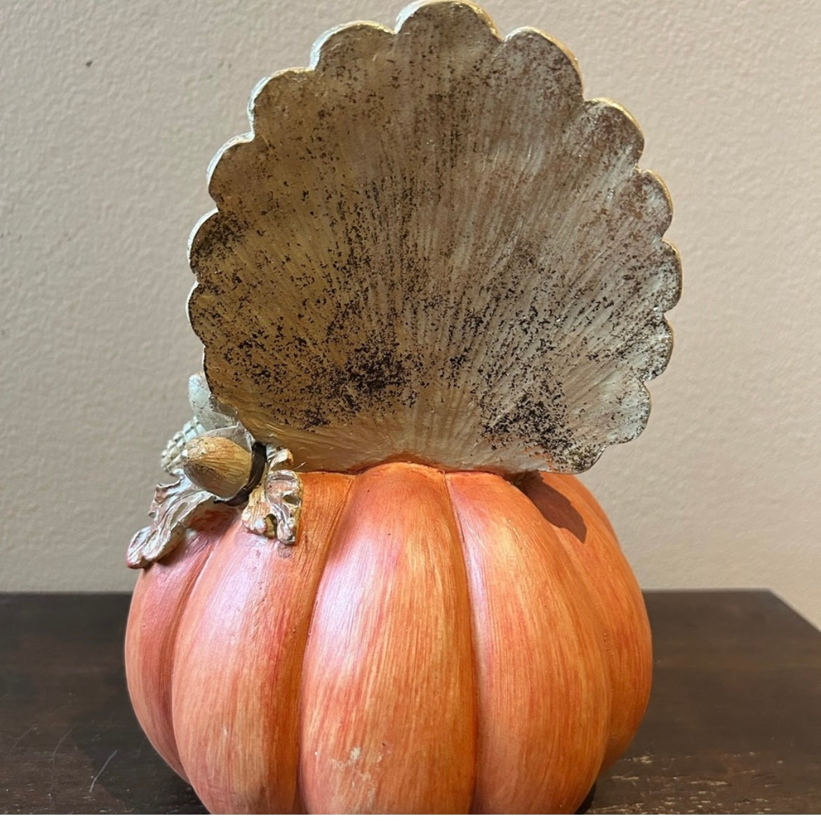 Turkey Sitting On Pumpkin Figurine New Fall Thanksgiving Decor Orange Gold