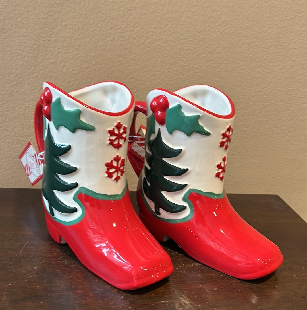 Peppermint & Pine Set Of 2 Christmas Tree Mugs New Boot Shaped Snowflake Holly