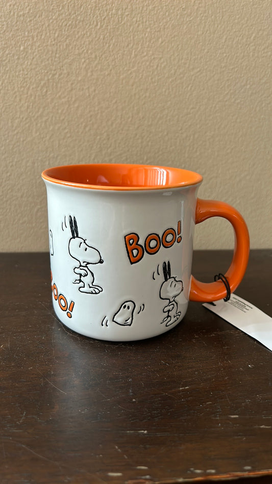 PEANUTS  21 oz  Coffee Mug  Halloween BOO! Snoopy & Ghosts Orange& White NEW