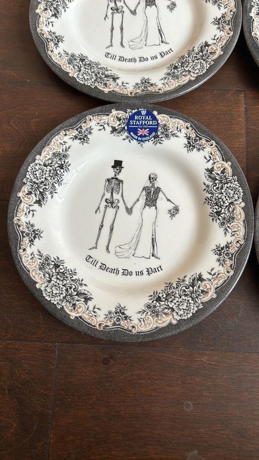 Set of  4 Royal Stafford Halloween Skeleton Couple Till Death Do Us Salad Plates