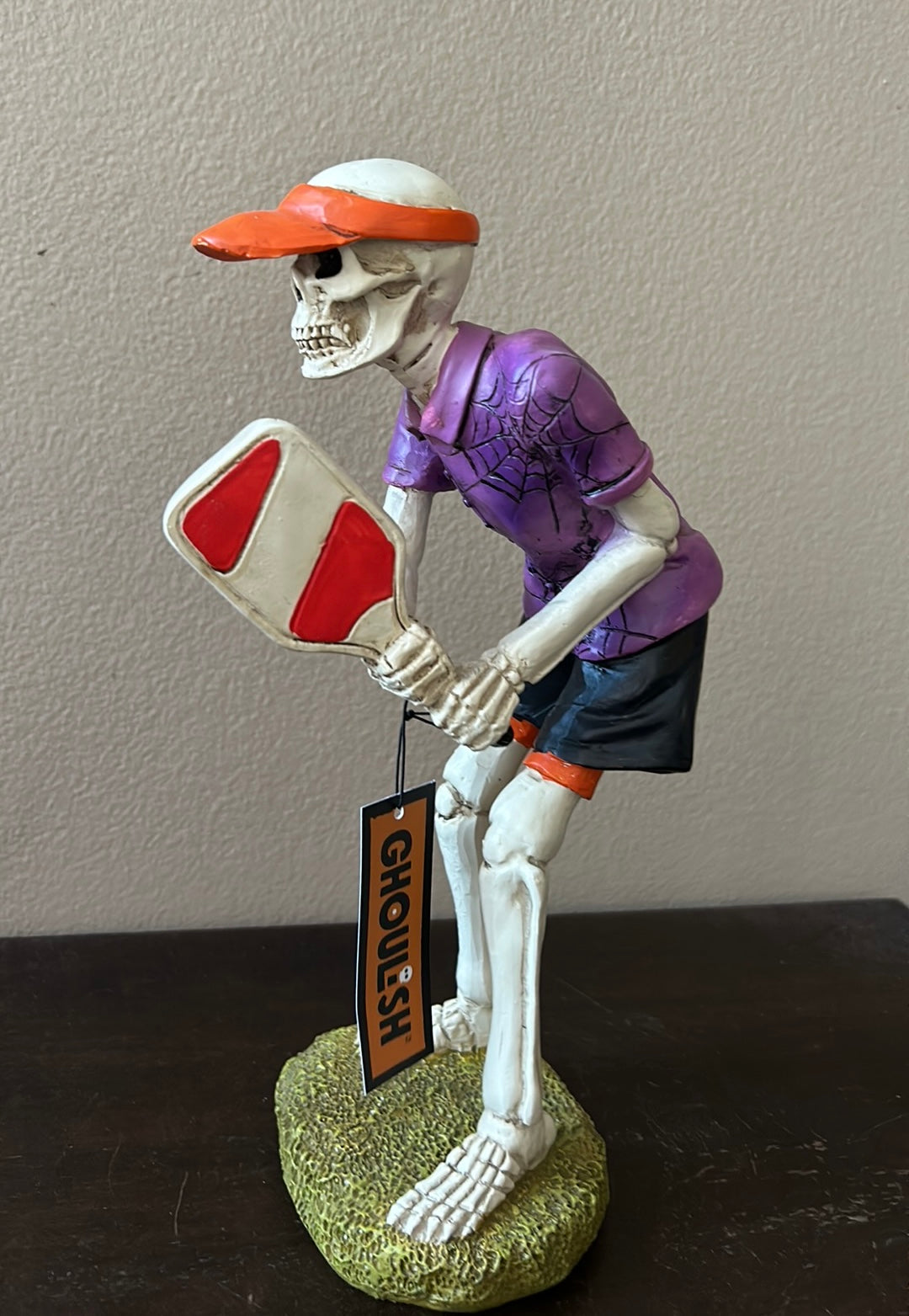 New Skeleton Playing Pickleball Halloween Figurine Decor 10 3/4”