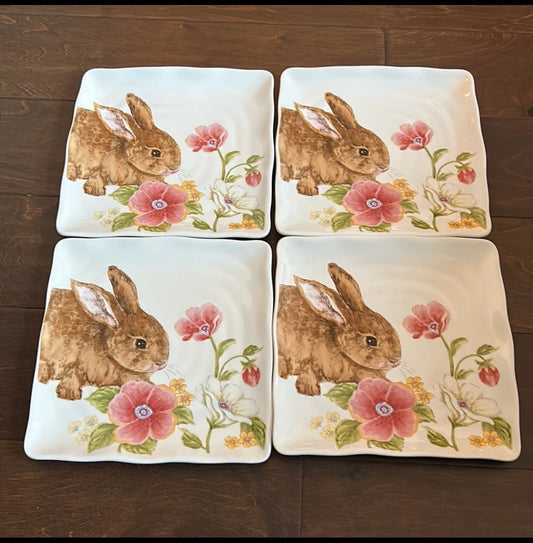 Set Of 4 Bunny Rabbit Salad Plates Ceramic New Floral Easter
