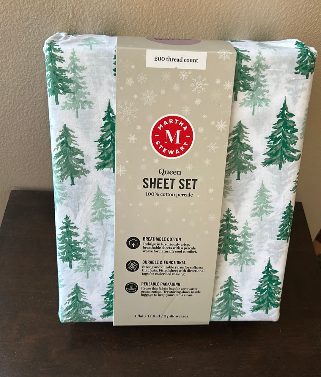 Martha Stewart Christmas Evergreen Trees QUEEN Sheet Set 4pc 200Thread Count