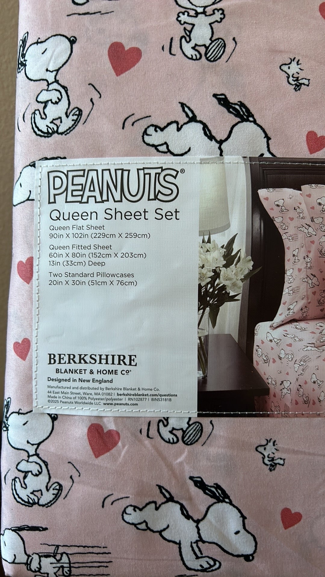Snoopy Queen Sheet Set Valentines Day Hearts New Pink Love