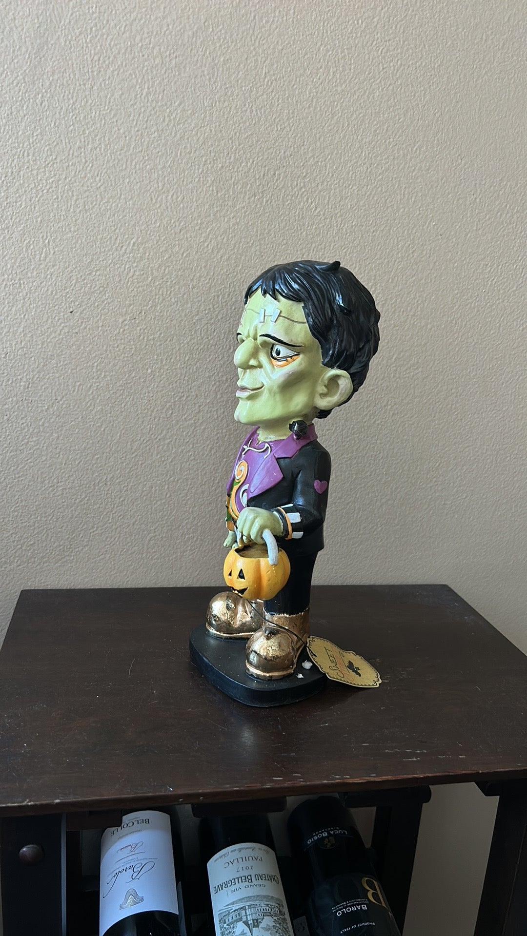 New Frankenstein Halloween Figurine Holding Pumpkin Basket 11.5” Tall