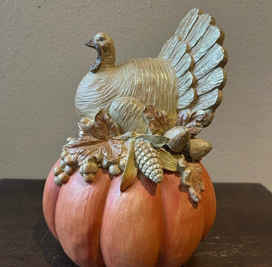 Turkey Sitting On Pumpkin Figurine New Fall Thanksgiving Decor Orange Gold