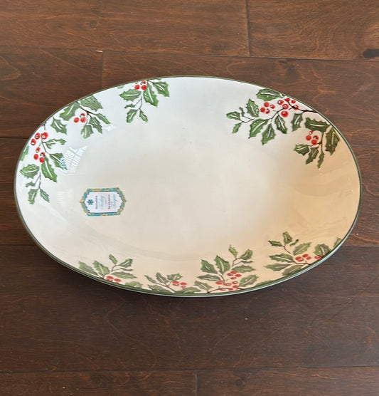 Papart Christmas Holly Berries Ceramic  Serving Bowl Hand Painted Oval New