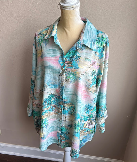 C&C California Womens Plus Size Tropical Shirt Linen Blend Palm Trees New