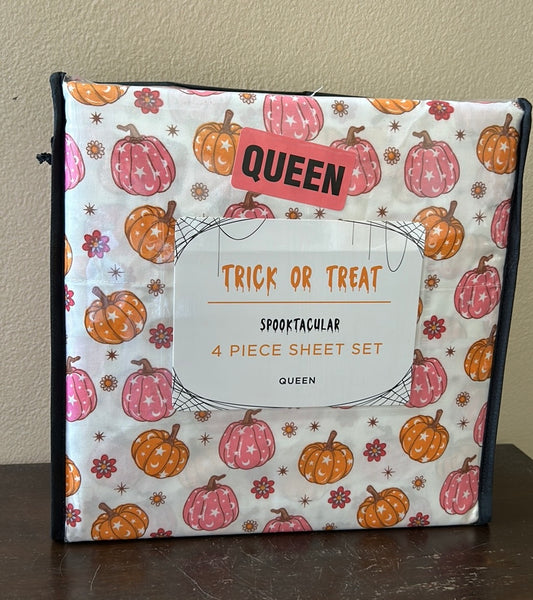 Trick Or Treat Sheet Set New Queen Pumpkins Orange Pink Halloween Floral