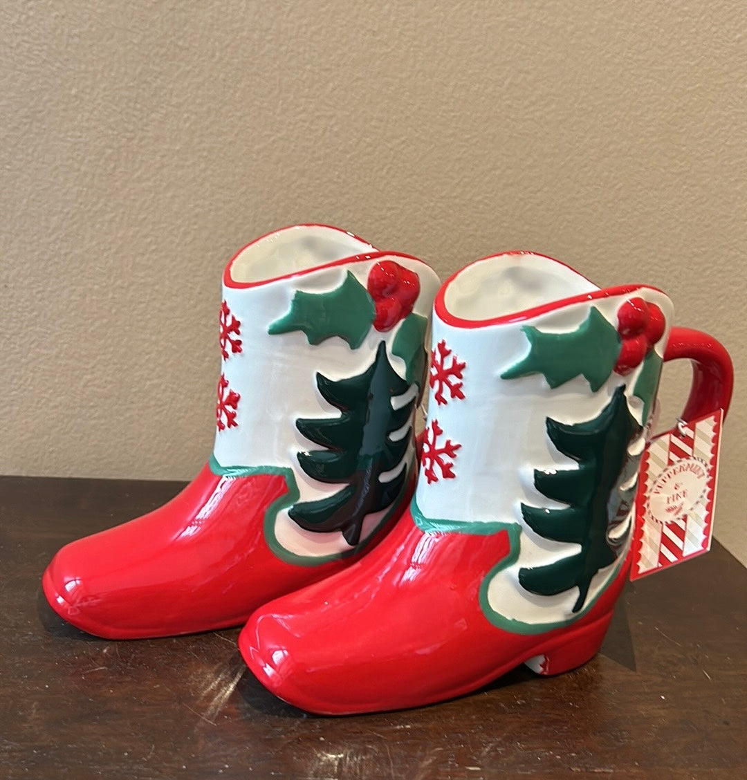 Peppermint & Pine Set Of 2 Christmas Tree Mugs New Boot Shaped Snowflake Holly