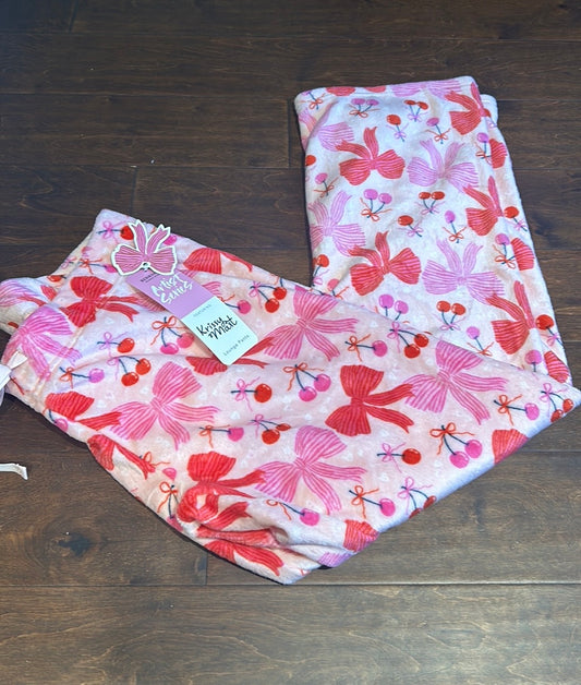 Krissy Mast Womens Pajama Pants Plush Pink Bows Cherries Valentines