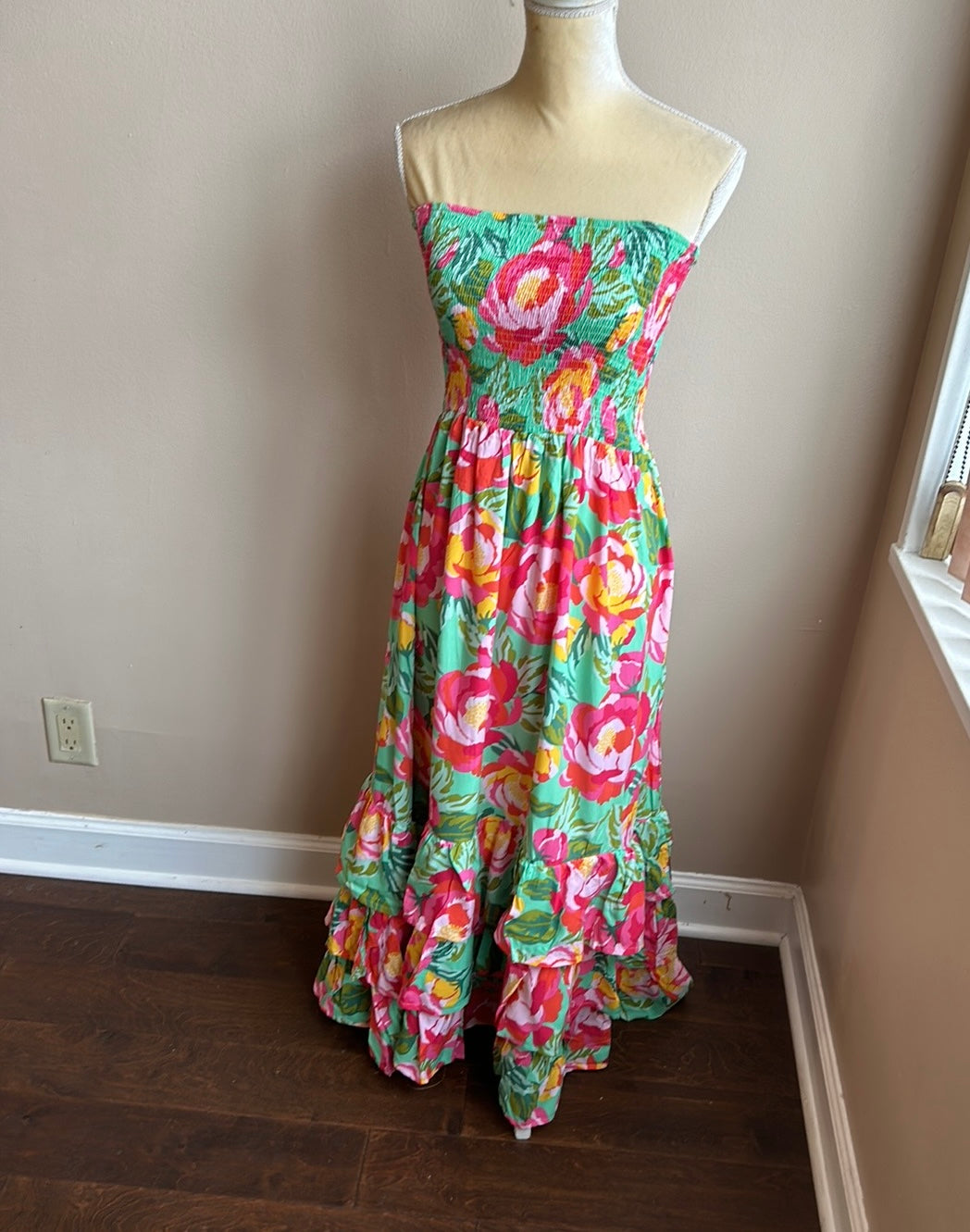 Abel the Label Anthropologie Mimosa  Maxi Dress M Smocking Strapless New Floral