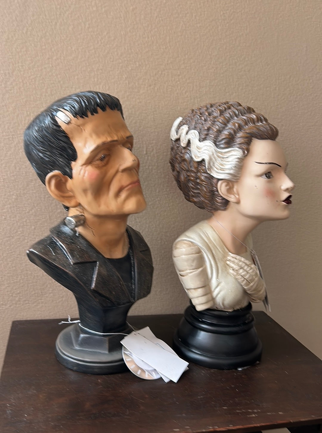 Frankenstein & Bride Bust HALLOWEEN Decor Decoration Pedestal Light Up Set NEW