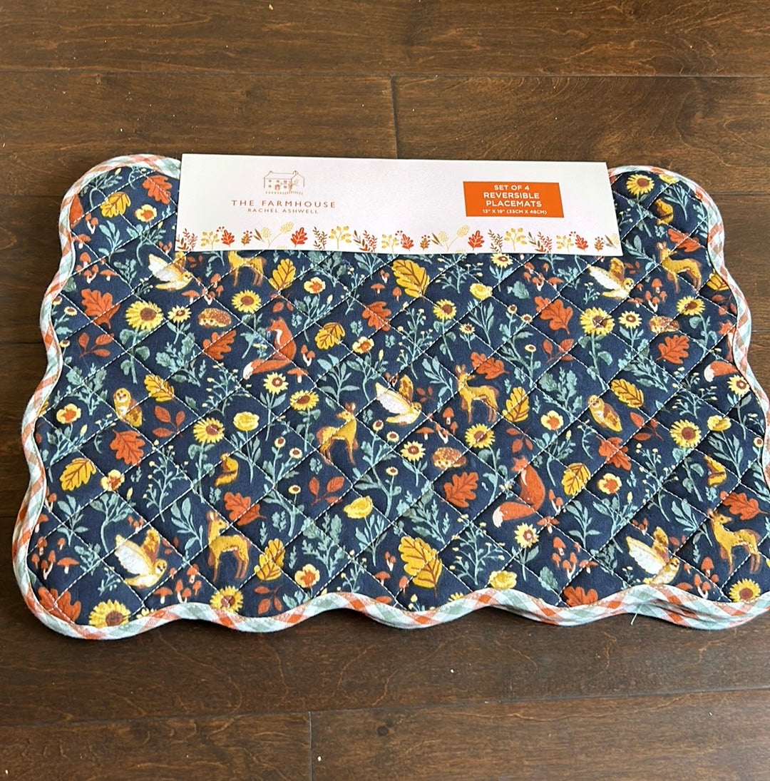 Rachel Ashwell Quilted Placemats set Of 4 New Fox Fall Autumn Sunflowers