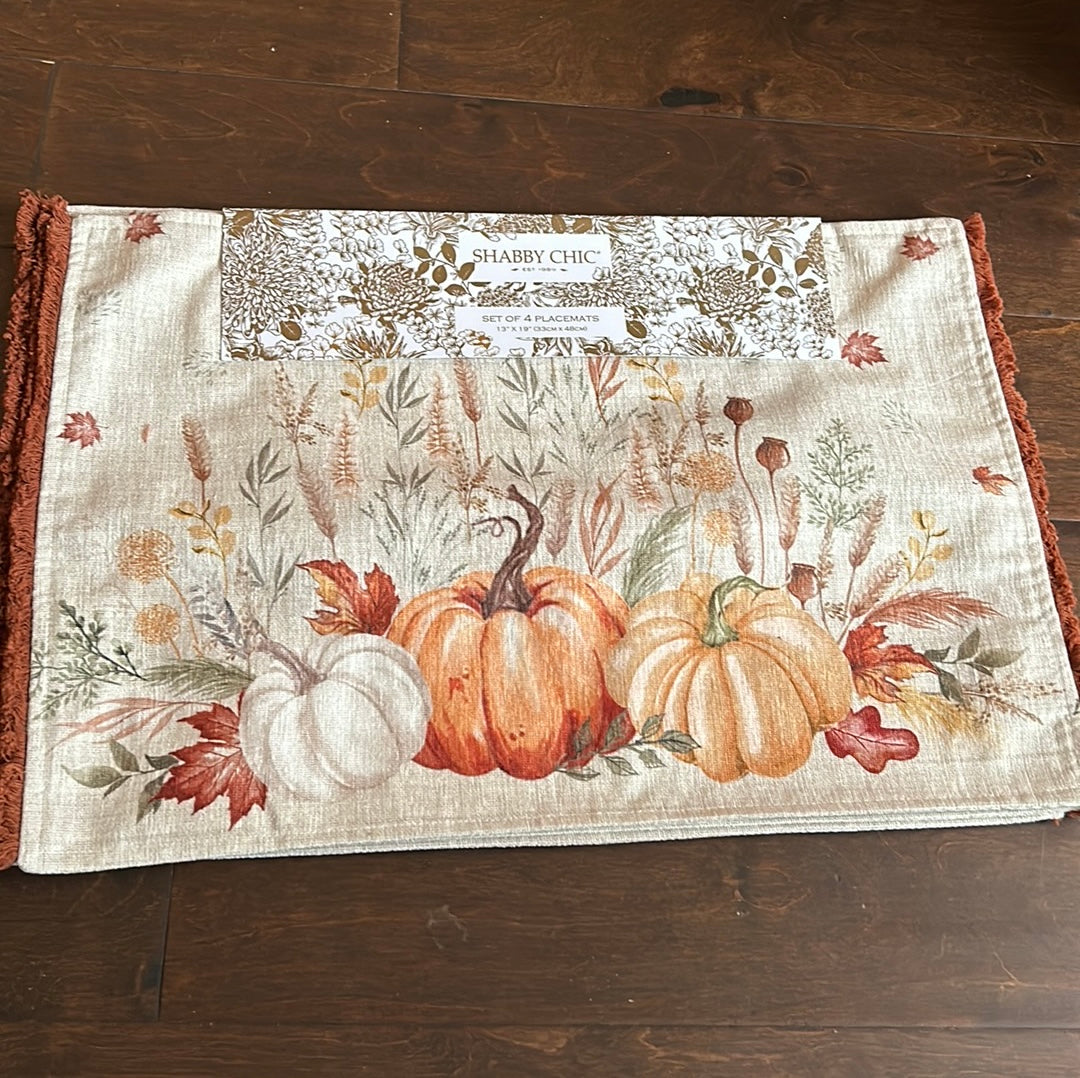 Shabby Chic  Fall Floral Placemats Set Of 4 Thanksgiving Pumpkins New