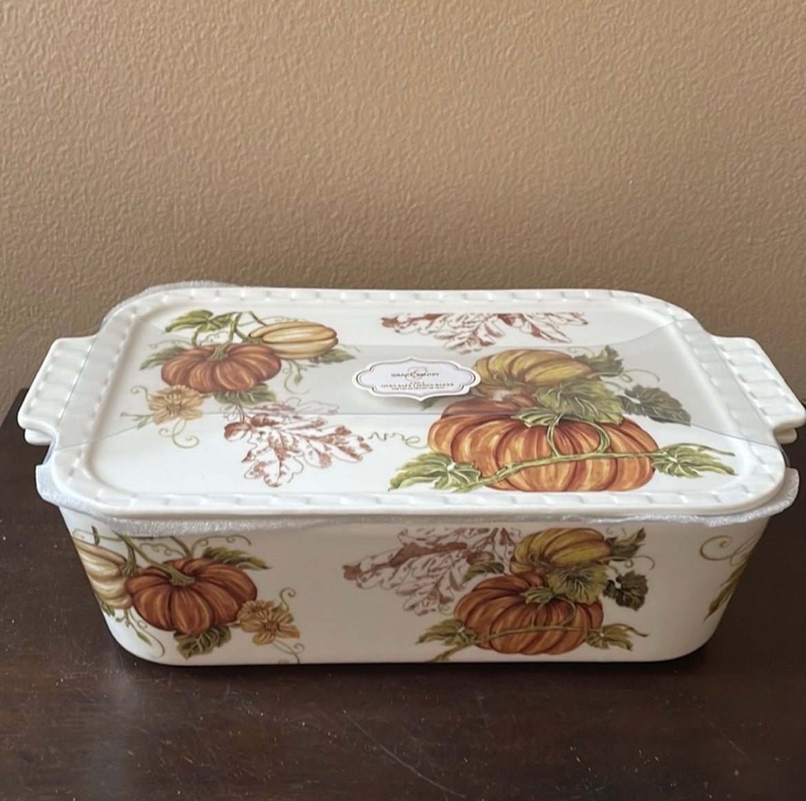 Grace Pantry Pumpkins Rectangular Porcelain Casserole Baking Dish & Lid New