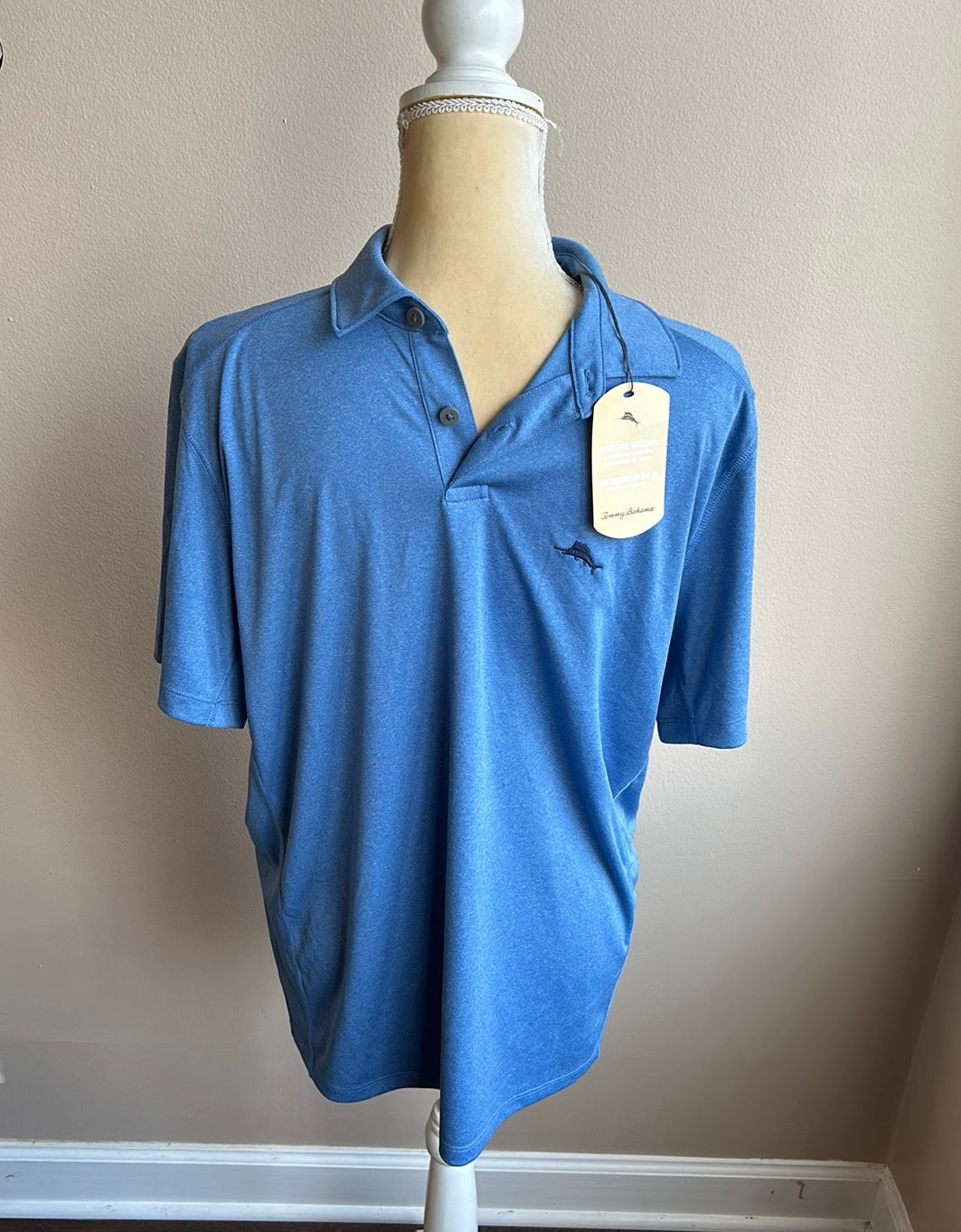 NWT Tommy Bahama Blue Short Sleeve Polo Shirt Marlin S Moisture Wicking UPF 30