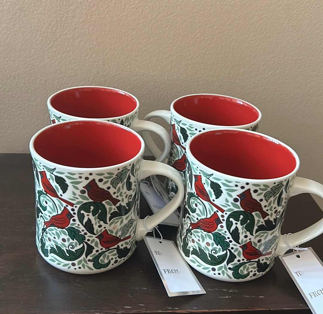 Peppermint & Pine Set Of 4 Christmas Mugs New Red Cardinal