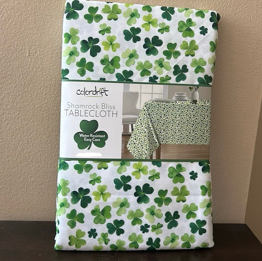 Colordrift St Patrick’s Day Green White 3 Leaf Clover Tablecloth 60”x 120”