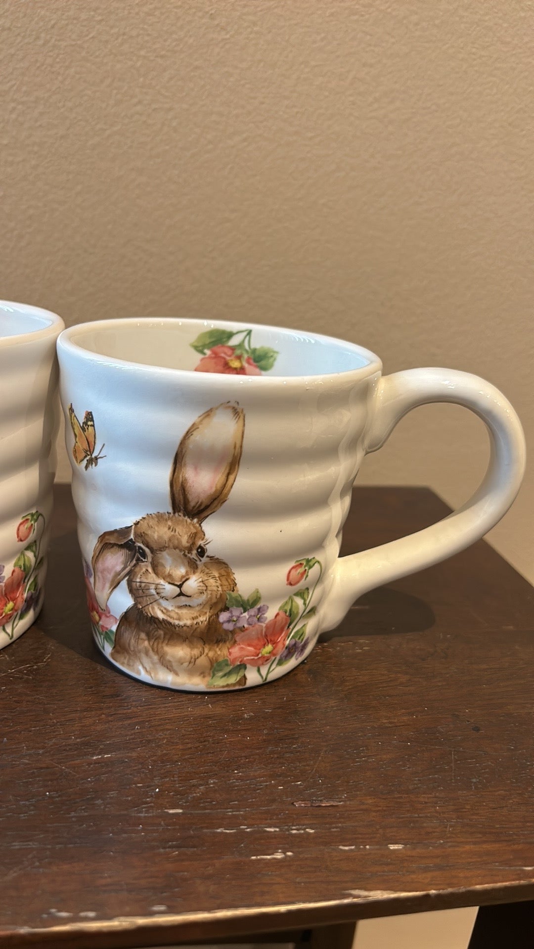 Coffee Mugs Set Of 2 Cups New Easter Bunny Floral Spring Pattern Butterflies