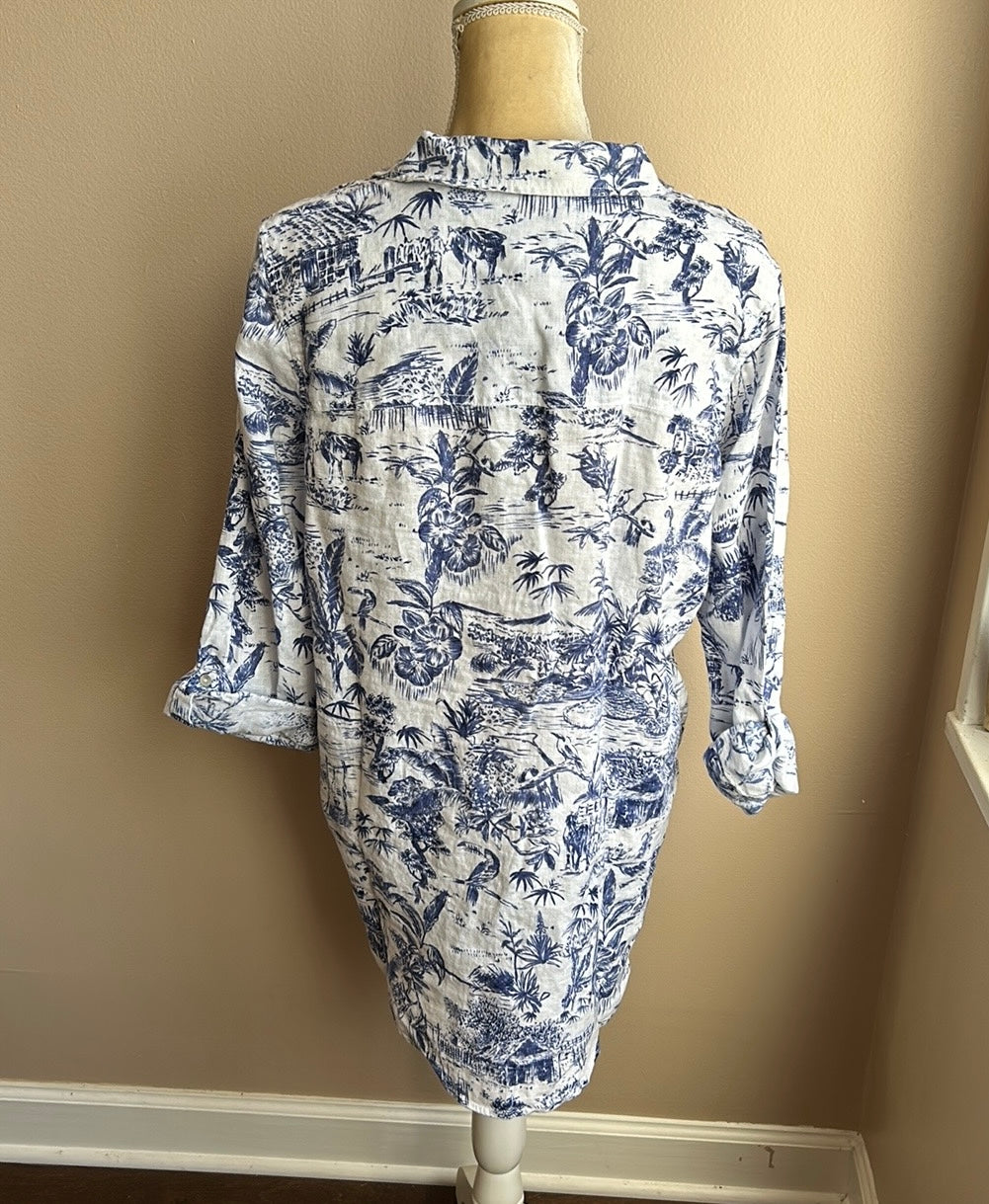 Joie Womens Linen Shirt Top Blue White Tropical New Birds Floral Sz