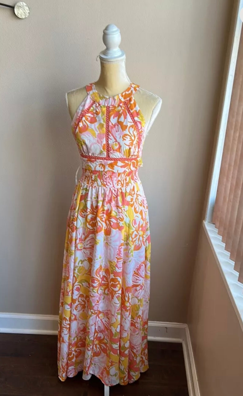 Abel the Label Anthropologie Rumi Maxi Dress NWT Yellow Orange Sexy Back sz S