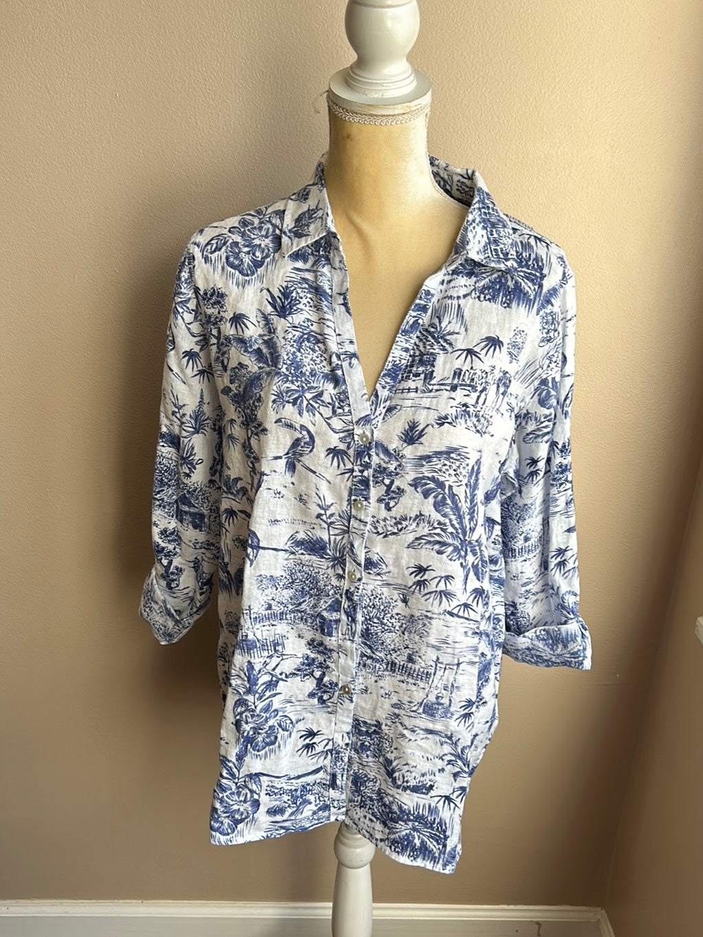 Joie Womens Linen Shirt Top Blue White Tropical New Birds Floral Sz