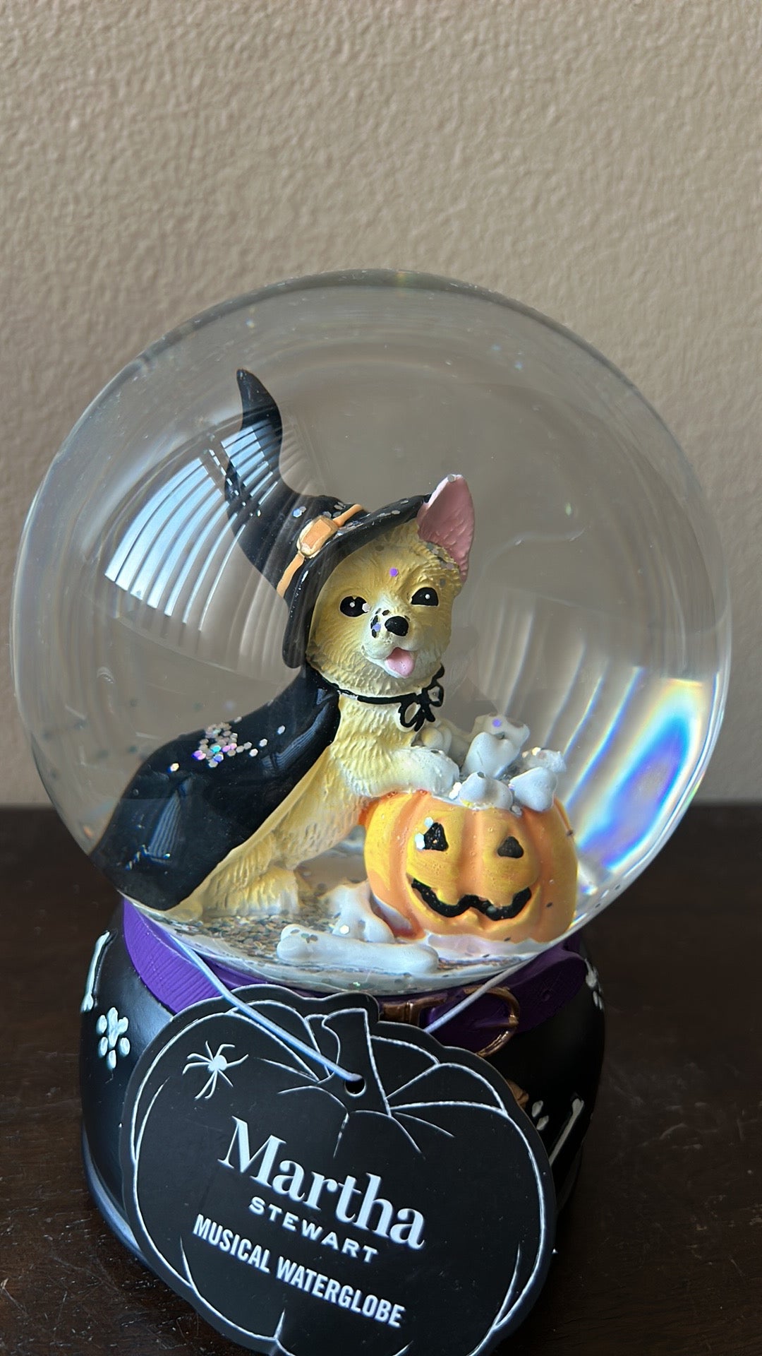 Martha Stewart Musical Globe Happy Halloween Pumpkin Dog In Witch Attire New