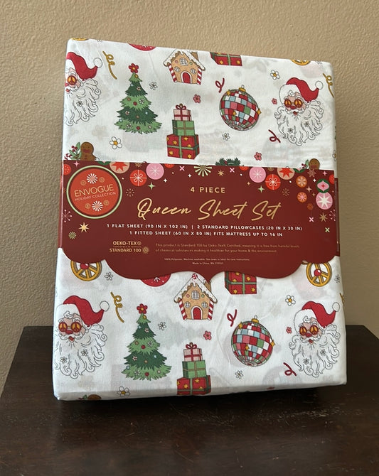 Envogue Queen Sheet Set New Christmas Trees Santa ornaments Gifts Gingerbread