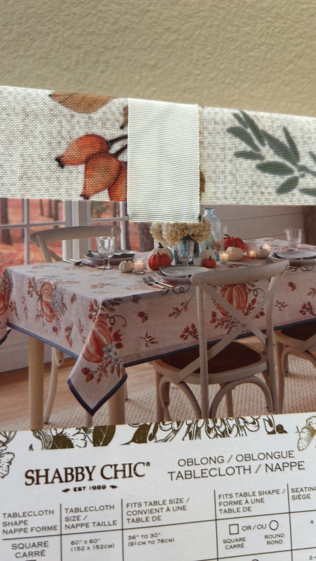 Shabby Chic Tablecloth New 60”x 120” Pumpkins Fall Leaves Floral