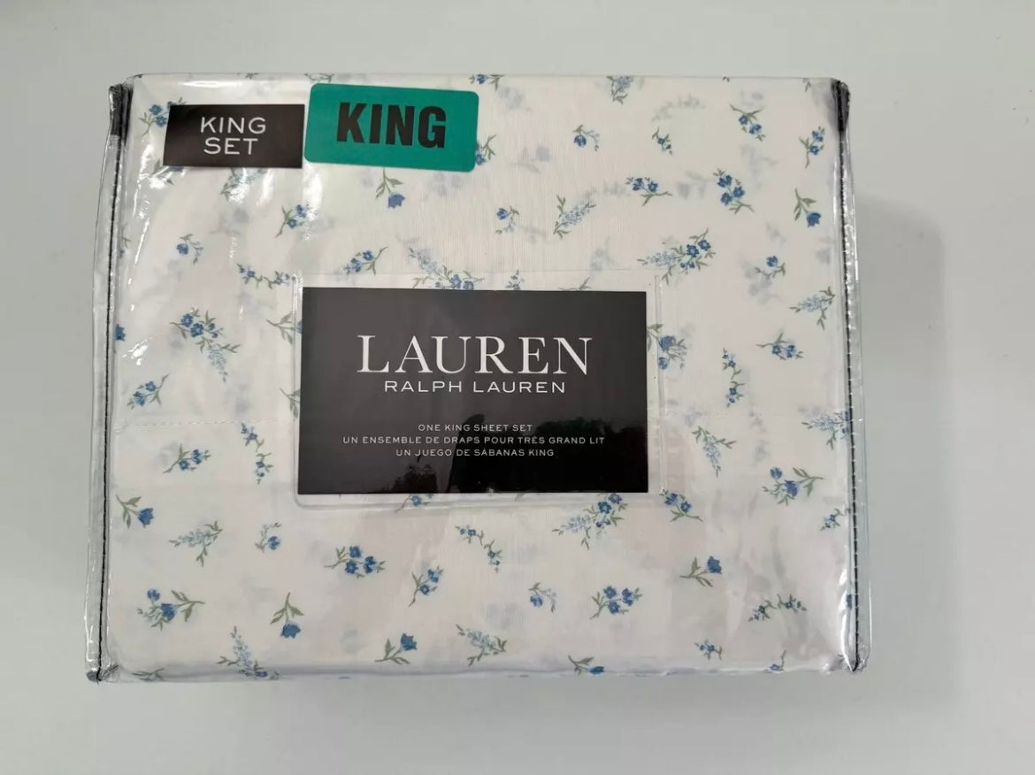 Ralph Lauren King Sheet Set Linda Floral Blue 4pc Cottage Farmhouse Chic