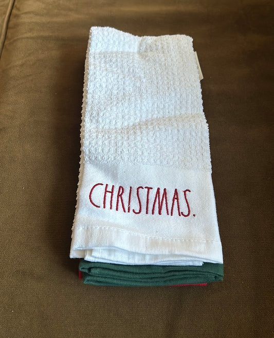 Rae Dunn Christmas Holly Jolly Kitchen Towels Set of 3 Embroidered