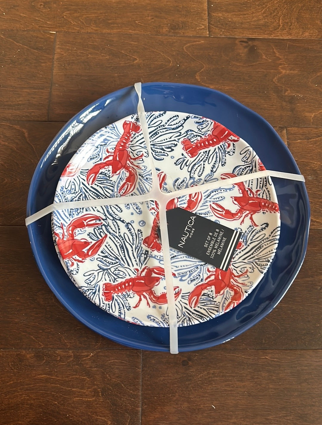 Nautica 4 DINNER & 4 Salad Plates Lobster  NEW Melamine Nautical Red White Blue