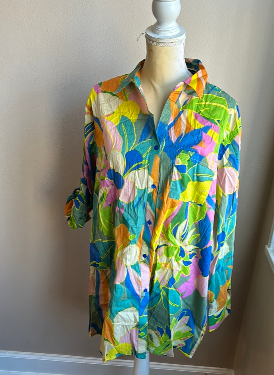 True Destinations Womens Colorful Swim Coverup Shirt New Cotton sz XL Floral