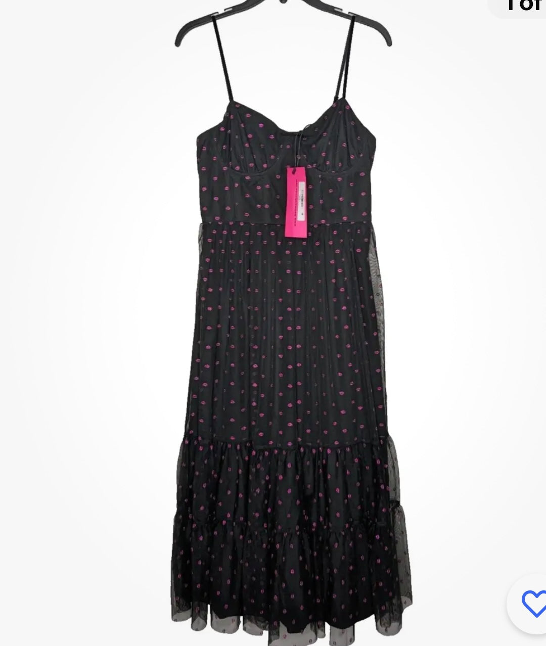 Betsey Johnson Women's Pink Lips Print Black Tulle Mesh Midi Dress US Size 4 Nwt