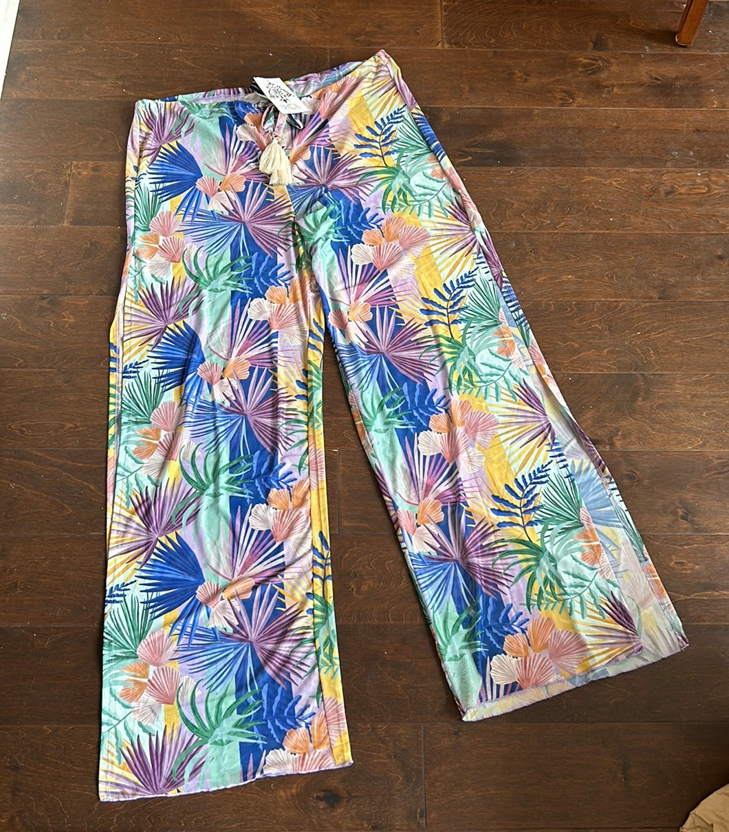 Becca Womens Swim Coverup Pants Sheer Tropical Print Sz L New Beach Side Slits