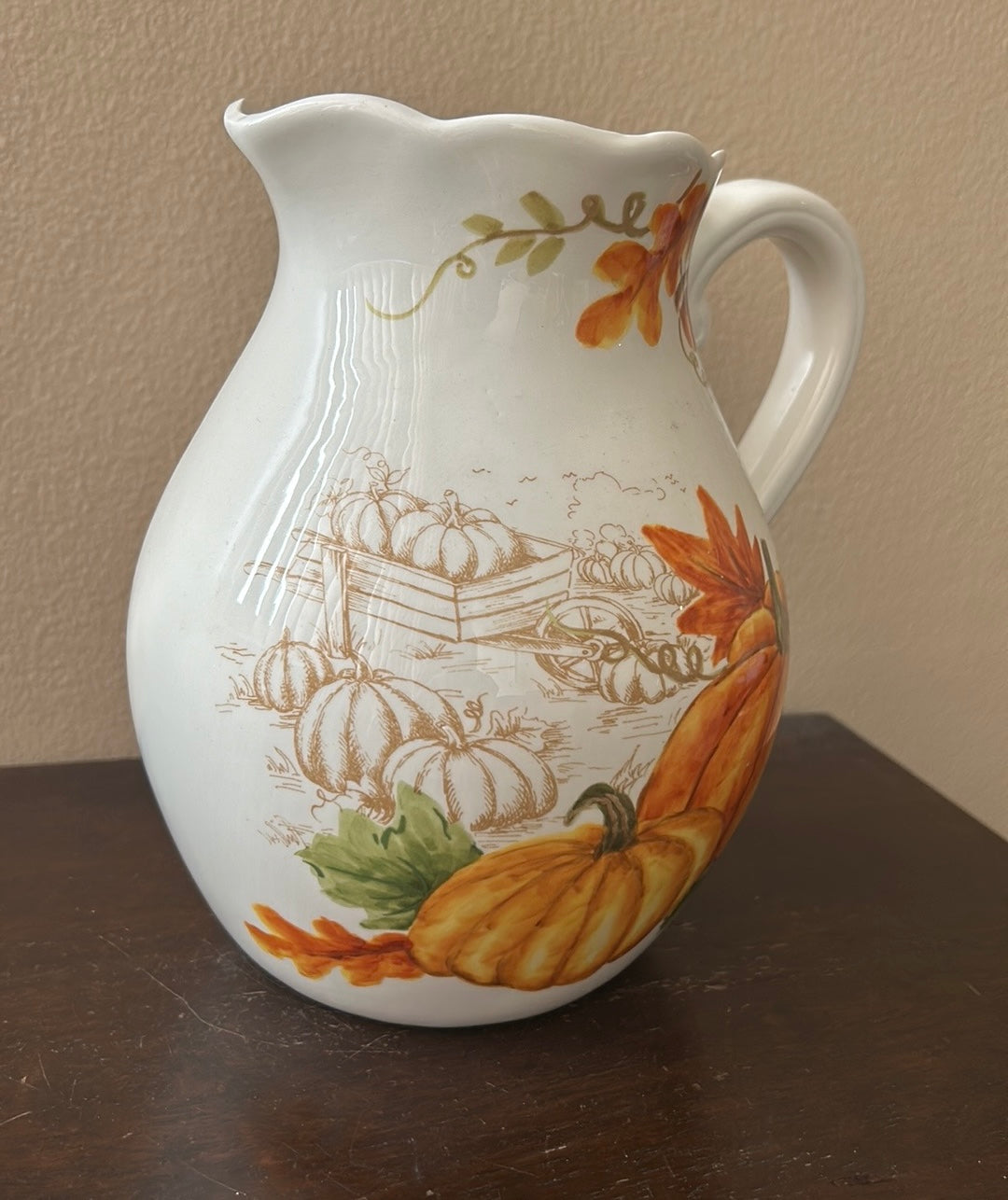 New Ceramic Pitcher Pumpkins Fall Leaves Berries Thanksgiving Ceramic 8.5” Tall