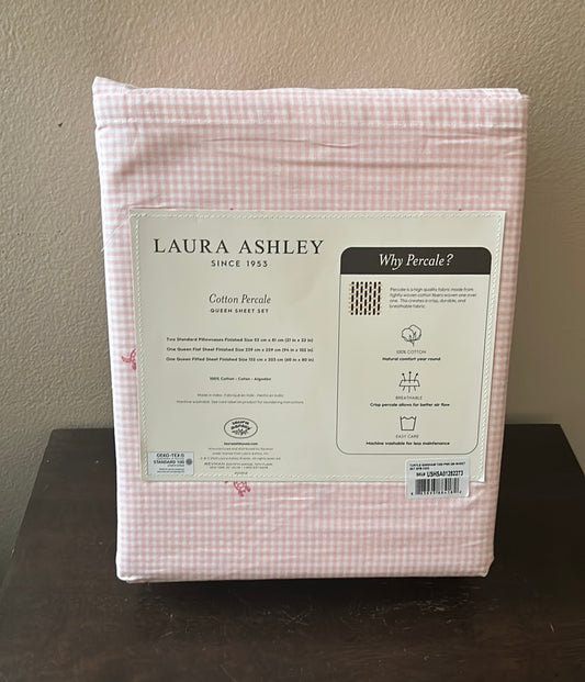 Laura Ashley QUEEN Size Cotton Percale Plaid Sea Turtle Sheet Set New Pink