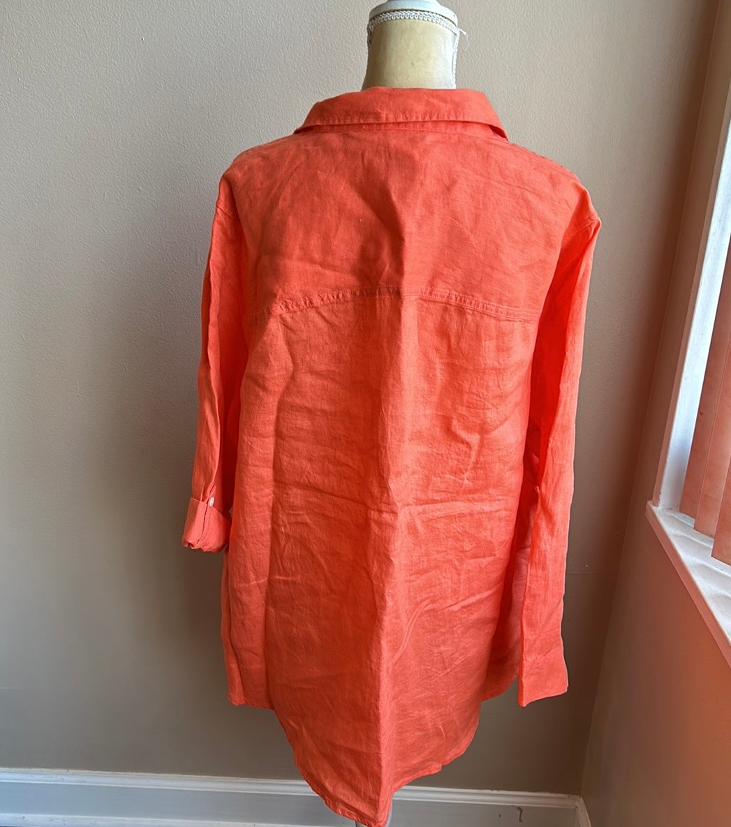 Sigrid Olsen Womens Plus Sz 3X Linen Shirt Tunic Top New Orange Roll Tab Sleeve