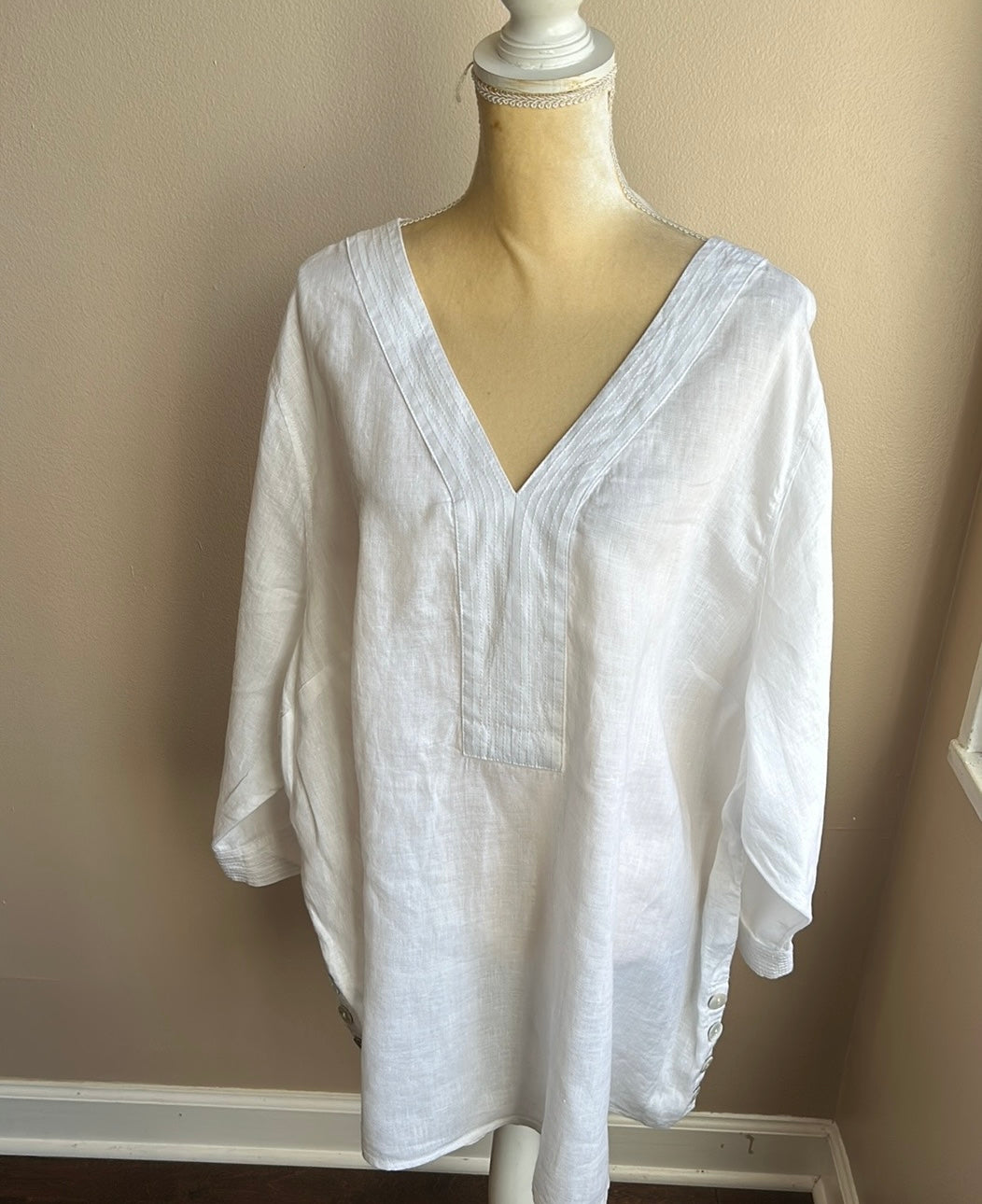 Sigrid Olsen Womens Plus Sz 3X Linen Blouse Tunic  Top New White Stitch Detail