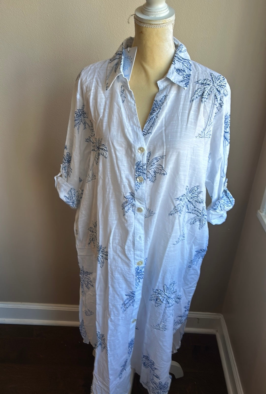 Blue Island Womens Coverup Embroidered White Blue Tunic Style sz L  Palm Trees