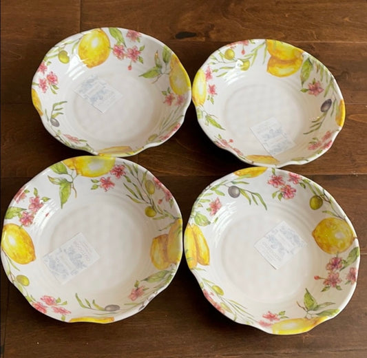 4 SHABBY CHIC Lemon Olives SALAD Cereal BOWLS Pasta MELAMINE Yellow 9" NEW