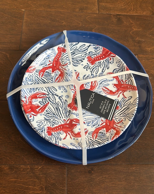 Nautica 4 DINNER & 4 Salad Plates Lobster  NEW Melamine Nautical Red White Blue